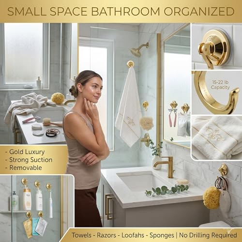NL HOME Suction Cup Hooks for Door Wreaths, 4-Pack Waterproof and Rustproof Multiple Uses Vacuum Hooks for Shower Wall, Bathroom, Kitchen, Gold - Image 3