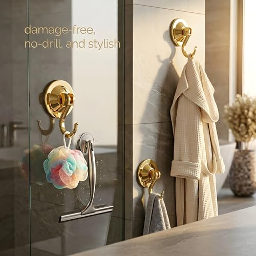 NL HOME Suction Cup Hooks for Door Wreaths, 4-Pack Waterproof and Rustproof Multiple Uses Vacuum Hooks for Shower Wall, Bathroom, Kitchen, Gold - Image 4