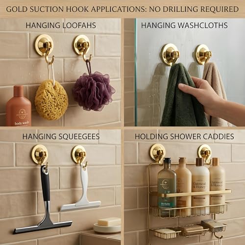 NL HOME Suction Cup Hooks for Door Wreaths, 4-Pack Waterproof and Rustproof Multiple Uses Vacuum Hooks for Shower Wall, Bathroom, Kitchen, Gold - Image 5