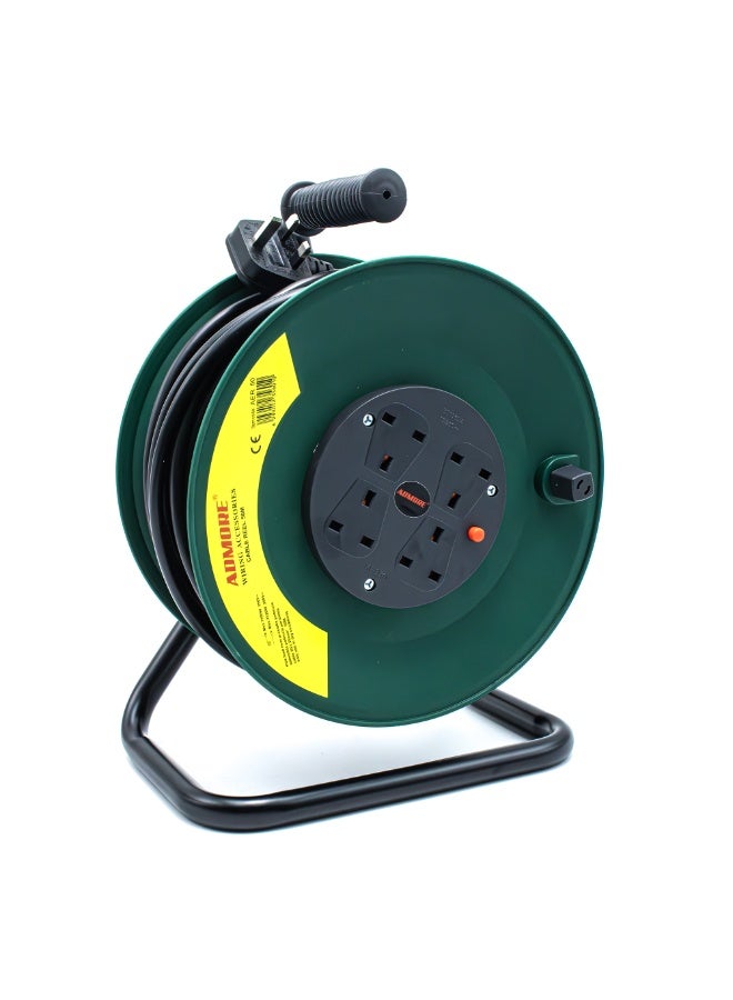 ADMORE 50M Heavy Duty Extension Reel – 4 Way Outdoor Cable Drum – Retractable Power Cord 50 Meter with Thermal Cut-Out – 13A UK Sockets for Garden & Industrial Use (Dark Green, ESMA Approved) - Image 1