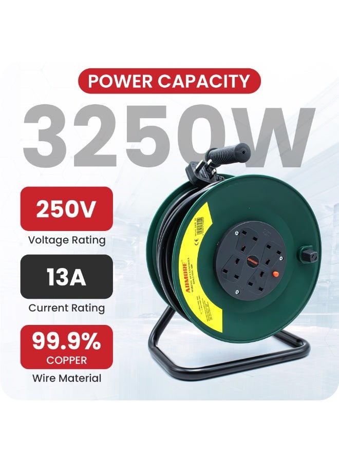 ADMORE 50M Heavy Duty Extension Reel – 4 Way Outdoor Cable Drum – Retractable Power Cord 50 Meter with Thermal Cut-Out – 13A UK Sockets for Garden & Industrial Use (Dark Green, ESMA Approved) - Image 4