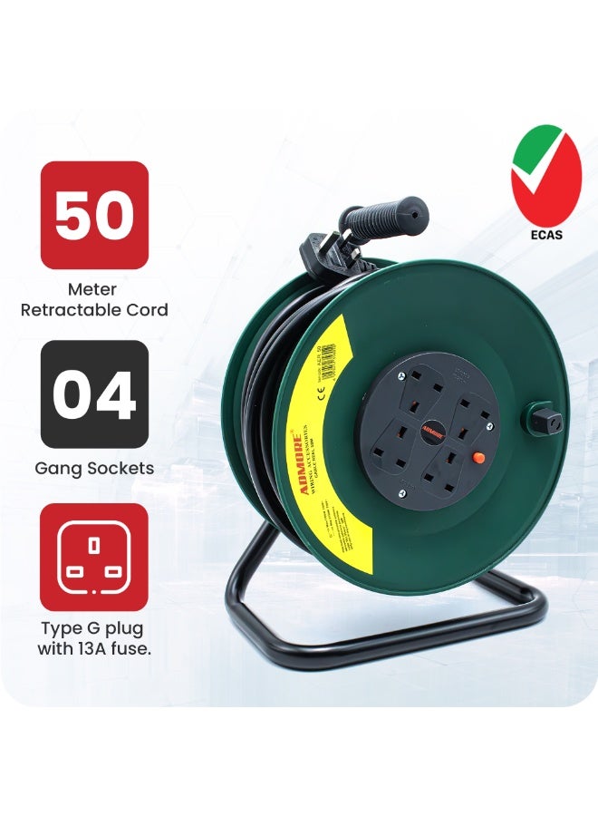 ADMORE 50M Heavy Duty Extension Reel – 4 Way Outdoor Cable Drum – Retractable Power Cord 50 Meter with Thermal Cut-Out – 13A UK Sockets for Garden & Industrial Use (Dark Green, ESMA Approved) - Image 2