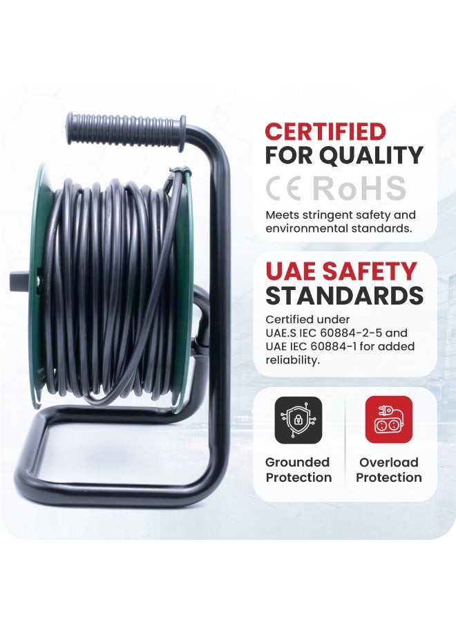 ADMORE 50M Heavy Duty Extension Reel – 4 Way Outdoor Cable Drum – Retractable Power Cord 50 Meter with Thermal Cut-Out – 13A UK Sockets for Garden & Industrial Use (Dark Green, ESMA Approved) - Image 5