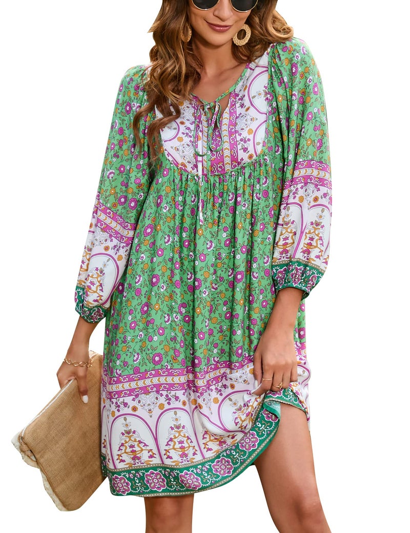 Bluetime Women Casual Summer Dress Boho V Neck 3/4 Sleeve Babydoll Floral Print Flowy Beach Dress (XL, Light Green) - Image 1
