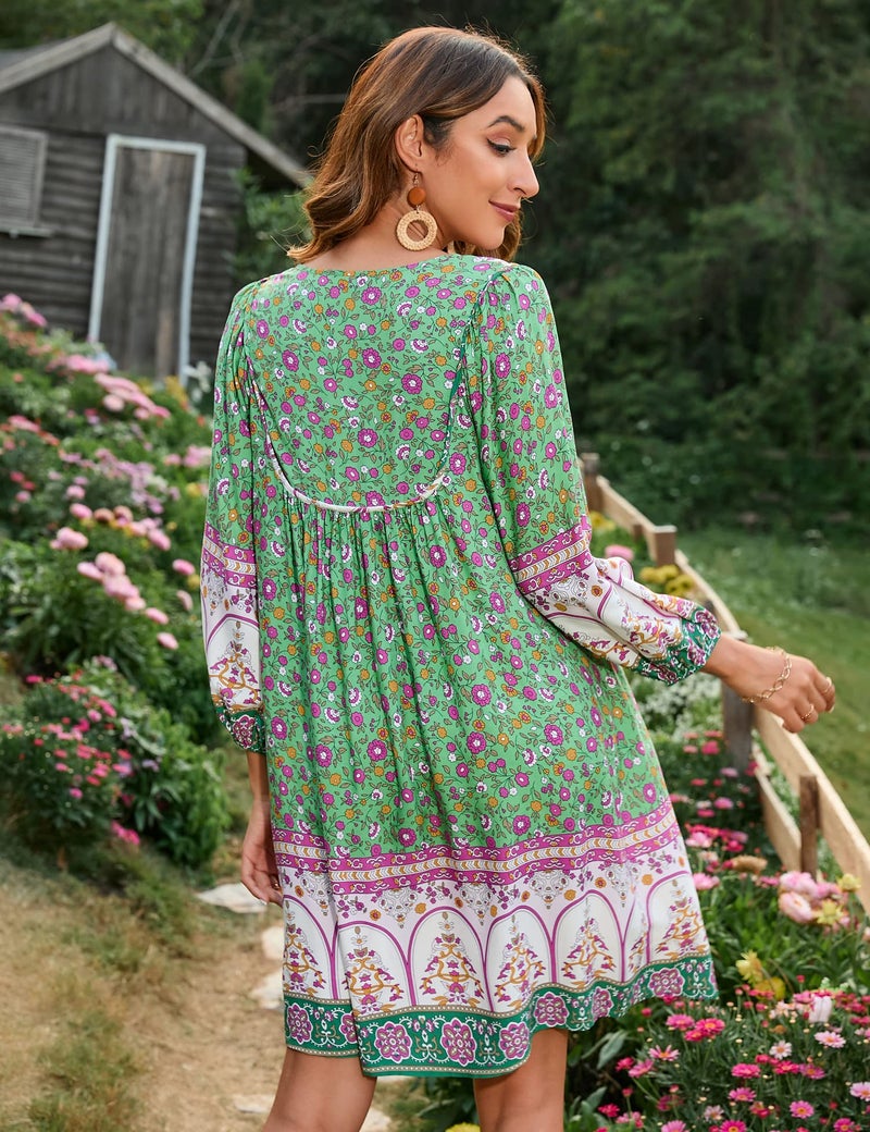 Bluetime Women Casual Summer Dress Boho V Neck 3/4 Sleeve Babydoll Floral Print Flowy Beach Dress (XL, Light Green) - Image 5
