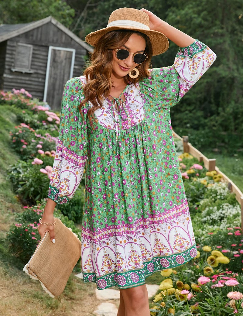 Bluetime Women Casual Summer Dress Boho V Neck 3/4 Sleeve Babydoll Floral Print Flowy Beach Dress (XL, Light Green) - Image 3