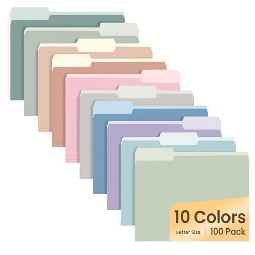 SUNEE File Folders Letter Size 10 Pastel Colors, 100 Pack Manilla Folders 8.5 x 11 1/3-Cut Tabs, Colored File Folders Office Home School for Documents Files Paper - Image 1