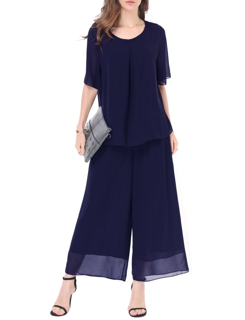 heipeiwa Women's 2 Piece Chiffon Sets Outfits Flowy Summer Casual Dressy Pantsuits Loose Double Layers Blouse Pants Sets Blue Navy - Image 1