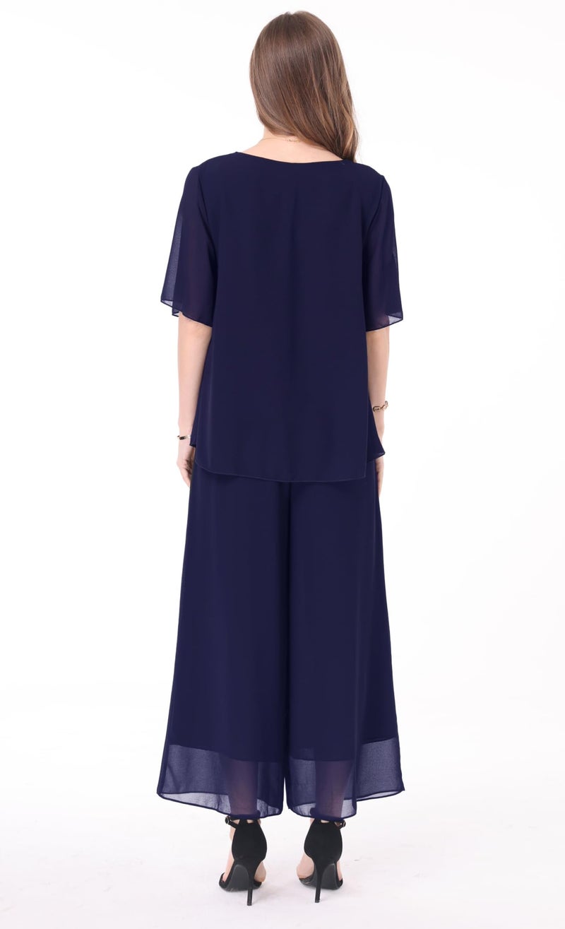 heipeiwa Women's 2 Piece Chiffon Sets Outfits Flowy Summer Casual Dressy Pantsuits Loose Double Layers Blouse Pants Sets Blue Navy - Image 2
