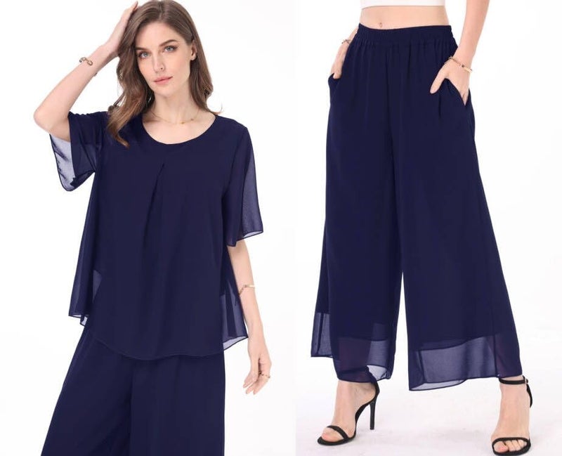 heipeiwa Women's 2 Piece Chiffon Sets Outfits Flowy Summer Casual Dressy Pantsuits Loose Double Layers Blouse Pants Sets Blue Navy - Image 3