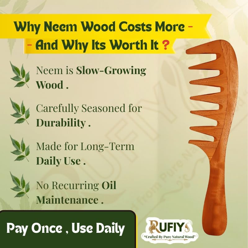 Rufiys Pure Neem Wooden Comb for Women & Men | Neem Wood Comb for Hair Growth | Wide Tooth Hair comb | Dandruff Comb - Image 4