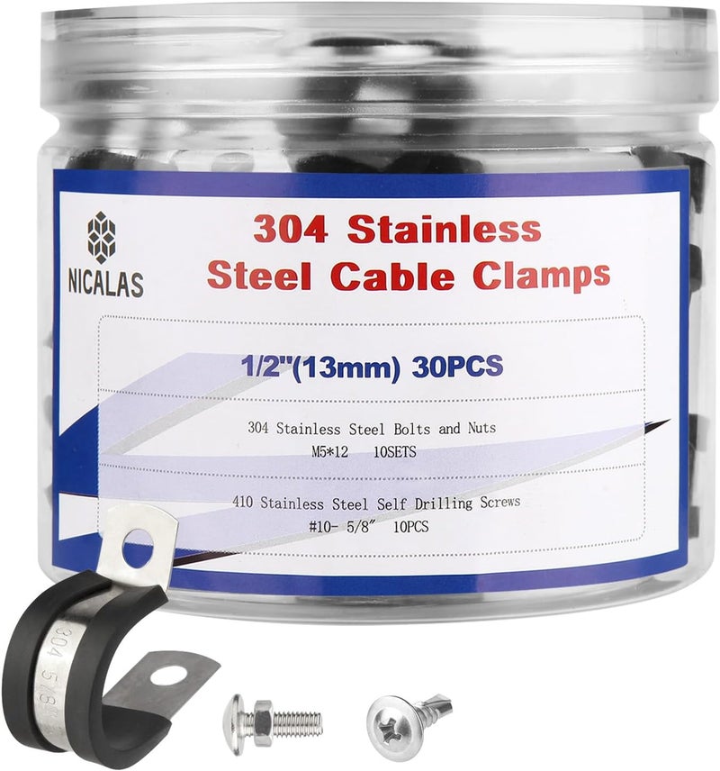 Nicalas 60pcs 1/2 Inch Stainless Steel Cable Clamps And Stainless Screws,Rubber Coated Cushioned Insulated Cable Clamp,Automotive Cable Wire Clamps,Pipe Clamps - Image 1