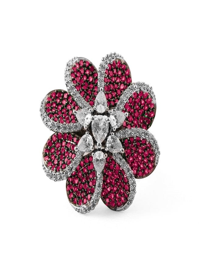 Rubans Rhodium Plated Ruby Pink & Cubic Zirconia Studded Floral Design Adjustable Finger Ring - Image 1