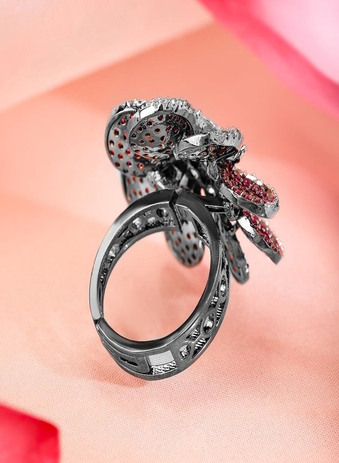 Rubans Rhodium Plated Ruby Pink & Cubic Zirconia Studded Floral Design Adjustable Finger Ring - Image 2