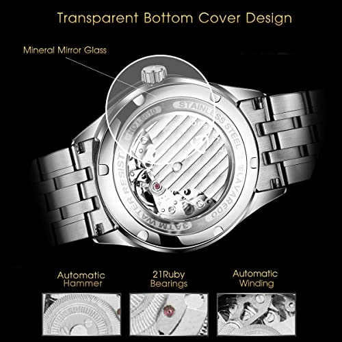 A ALPS Mens Watch Skeleton Luxury Mechanical Stainless Steel Waterproof Black Automatic Self-Winding Roman Numerals Diamond Dial Wrist Watch - Image 3