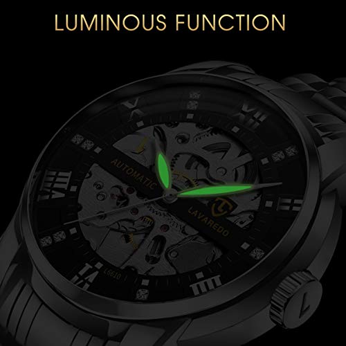 A ALPS Mens Watch Skeleton Luxury Mechanical Stainless Steel Waterproof Black Automatic Self-Winding Roman Numerals Diamond Dial Wrist Watch - Image 4