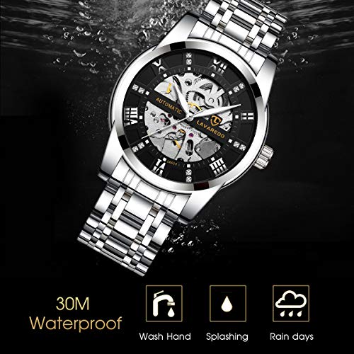 A ALPS Mens Watch Skeleton Luxury Mechanical Stainless Steel Waterproof Black Automatic Self-Winding Roman Numerals Diamond Dial Wrist Watch - Image 5
