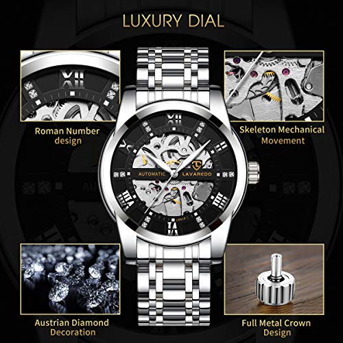A ALPS Mens Watch Skeleton Luxury Mechanical Stainless Steel Waterproof Black Automatic Self-Winding Roman Numerals Diamond Dial Wrist Watch - Image 2