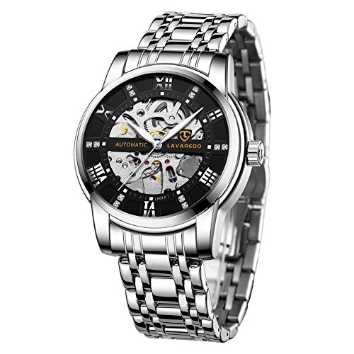 A ALPS Mens Watch Skeleton Luxury Mechanical Stainless Steel Waterproof Black Automatic Self-Winding Roman Numerals Diamond Dial Wrist Watch - Image 1
