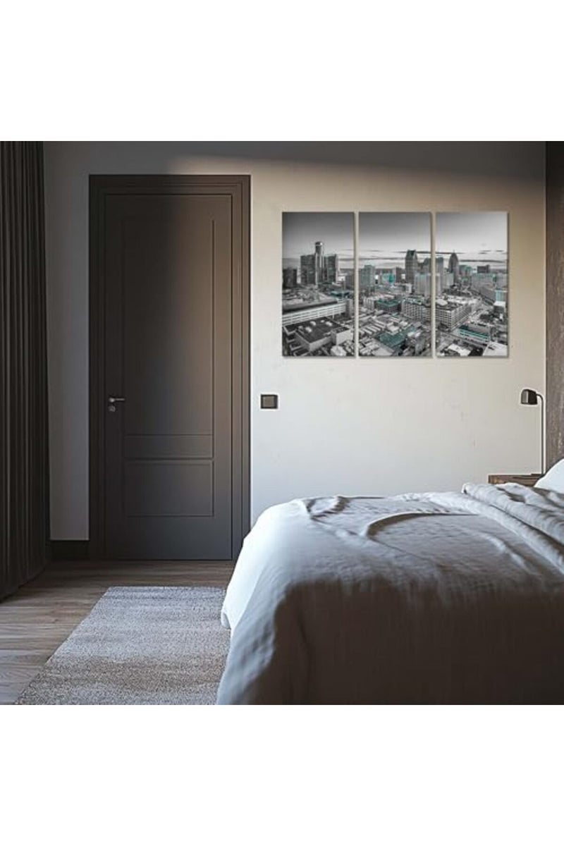 Artbrush Tower Detroit City Skyline Wall Art Framed Canvas Posters Michigan Cityscape Wall Decor Black and White Pictures Print Office Living Room Office Decorations 3 Piece Ready to Hang(36''Wx24''H) - Image 4