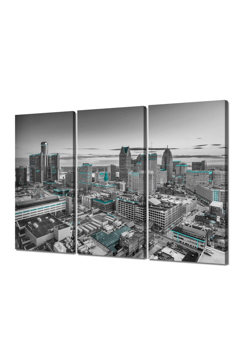 Artbrush Tower Detroit City Skyline Wall Art Framed Canvas Posters Michigan Cityscape Wall Decor Black and White Pictures Print Office Living Room Office Decorations 3 Piece Ready to Hang(36''Wx24''H) - Image 1