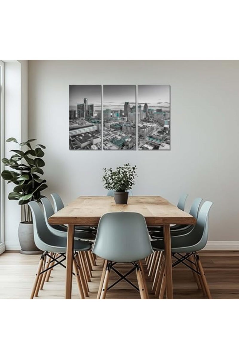 Artbrush Tower Detroit City Skyline Wall Art Framed Canvas Posters Michigan Cityscape Wall Decor Black and White Pictures Print Office Living Room Office Decorations 3 Piece Ready to Hang(36''Wx24''H) - Image 3