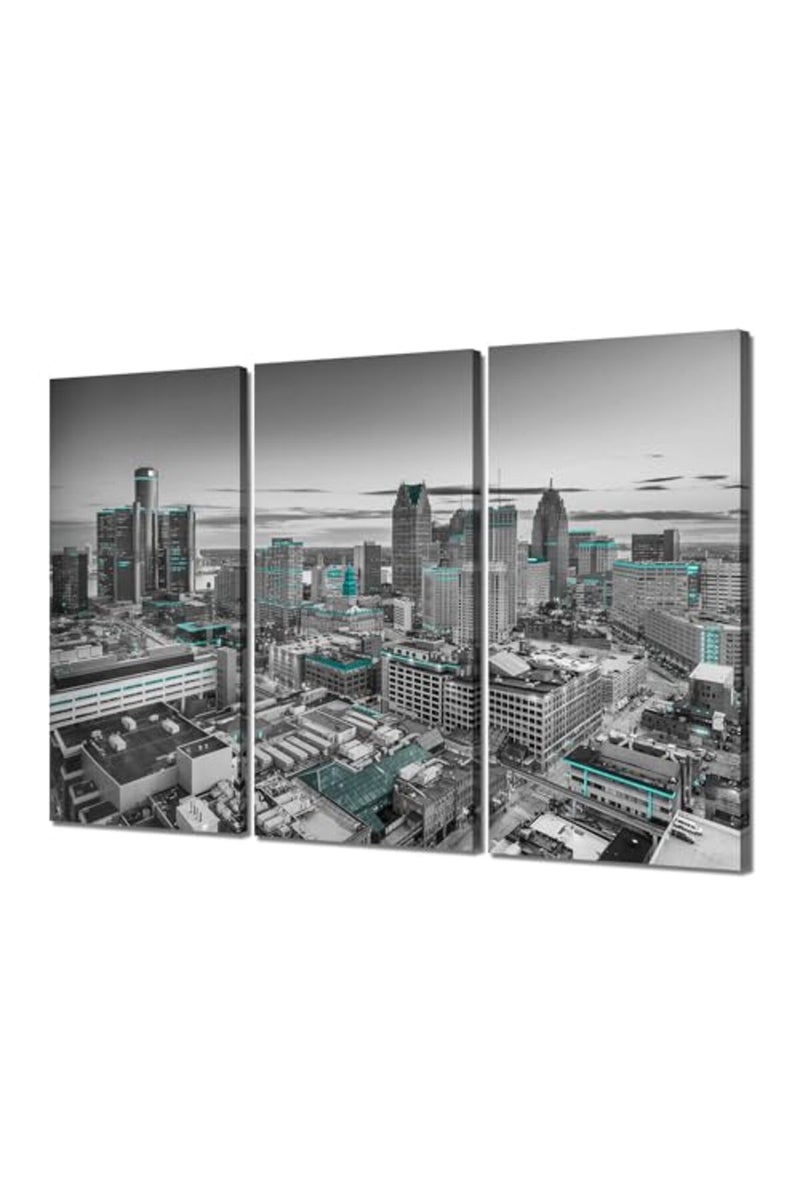 Artbrush Tower Detroit City Skyline Wall Art Framed Canvas Posters Michigan Cityscape Wall Decor Black and White Pictures Print Office Living Room Office Decorations 3 Piece Ready to Hang(36''Wx24''H) - Image 2