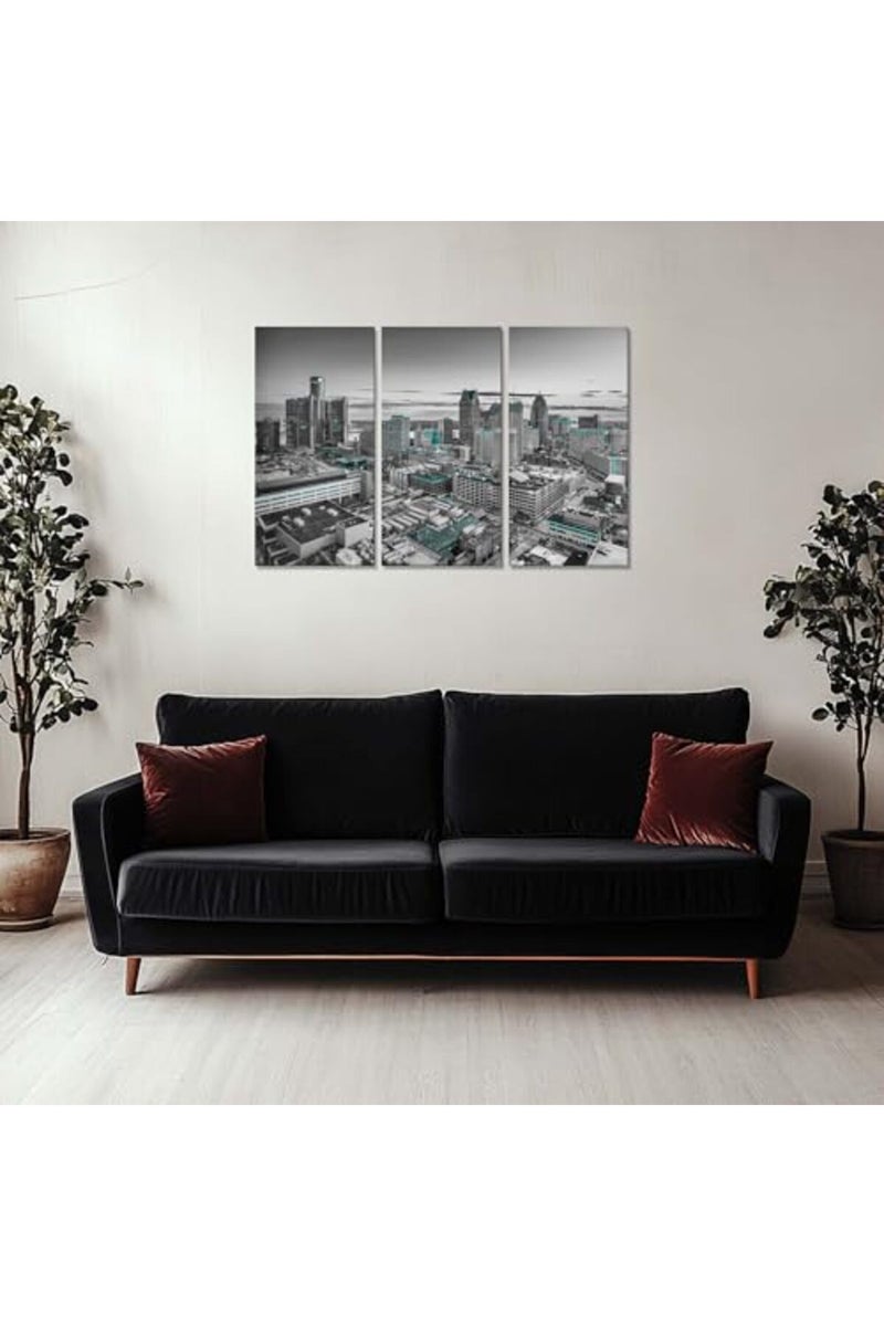Artbrush Tower Detroit City Skyline Wall Art Framed Canvas Posters Michigan Cityscape Wall Decor Black and White Pictures Print Office Living Room Office Decorations 3 Piece Ready to Hang(36''Wx24''H) - Image 5