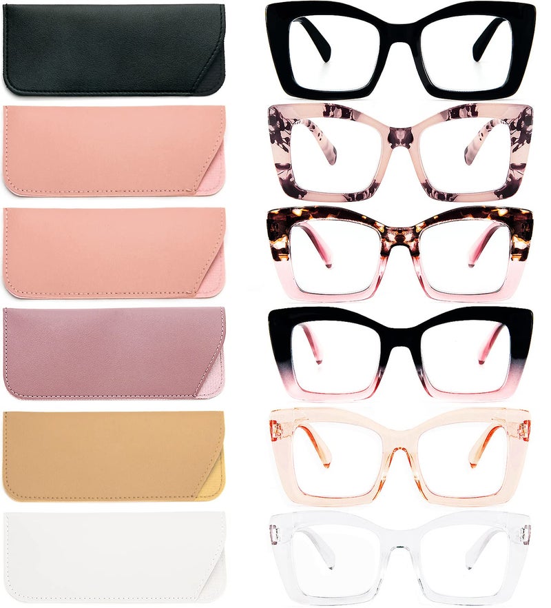 REAVEE 6 Pack Oversized Square Reading Glasses Oprah Style for Women, Blue Light Blocking Large Frame Computer Designer Fashion Readers Spring Hinge with Leather Case,0.0 - Image 1