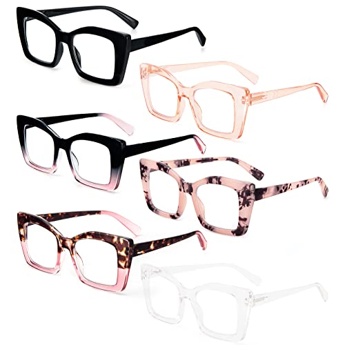 REAVEE 6 Pack Oversized Square Reading Glasses Oprah Style for Women, Blue Light Blocking Large Frame Computer Designer Fashion Readers Spring Hinge with Leather Case,0.0 - Image 2