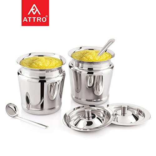 Attro Stainless Steel Storage Pot for Oil, ghee, Tea, Coffee, Sugar, Spices & More. Includes 2 Spoons. Durable, Multipurpose, Standard Size – Set of 2 - Image 3