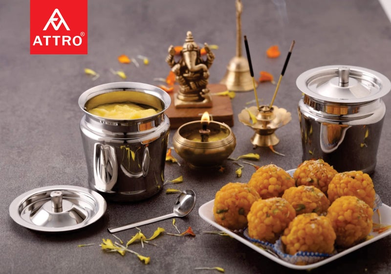 Attro Stainless Steel Storage Pot for Oil, ghee, Tea, Coffee, Sugar, Spices & More. Includes 2 Spoons. Durable, Multipurpose, Standard Size – Set of 2 - Image 2