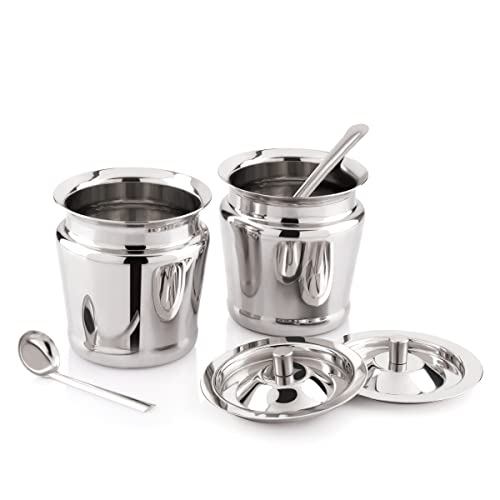 Attro Stainless Steel Storage Pot for Oil, ghee, Tea, Coffee, Sugar, Spices & More. Includes 2 Spoons. Durable, Multipurpose, Standard Size – Set of 2 - Image 1