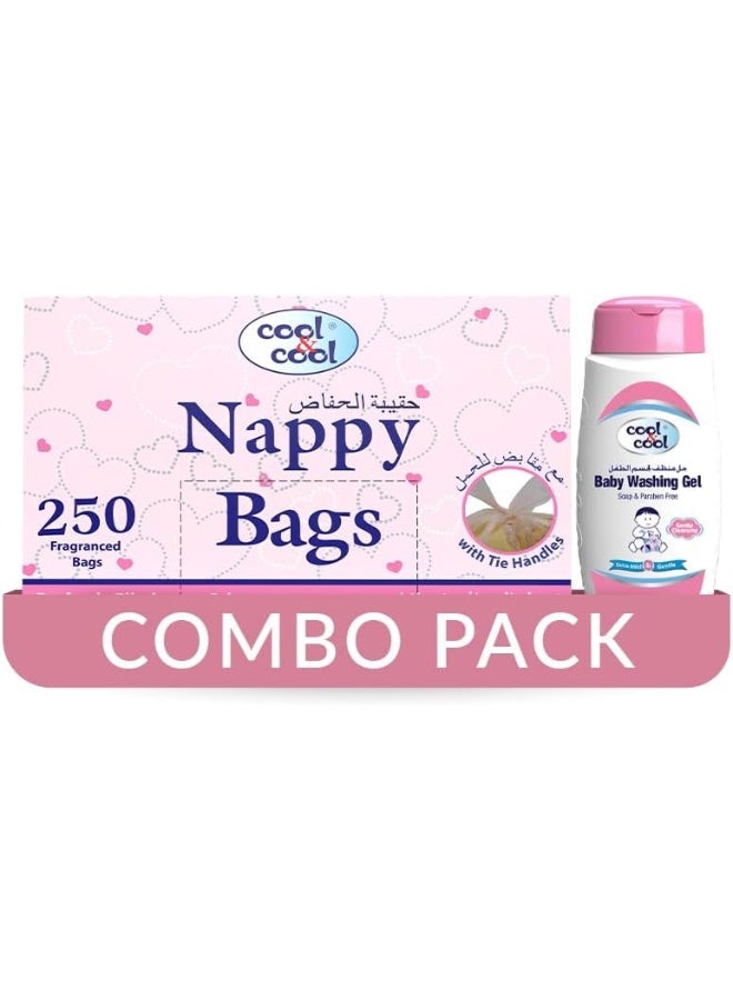 Cool & Cool Nappy Bags 250's- Mildly Scented Diaper Disposable Bags + Baby Washing Gel 100ml -Gentle Cleanser, & Tear-Free- Combo Pack - Image 1