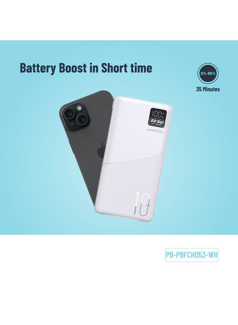 porodo Blue Quick Charge Power Bank with USB-A & USB-C Outputs, 10000mAh Battery Capacity, Digital Display, 20W Power Delivery - White - Image 2