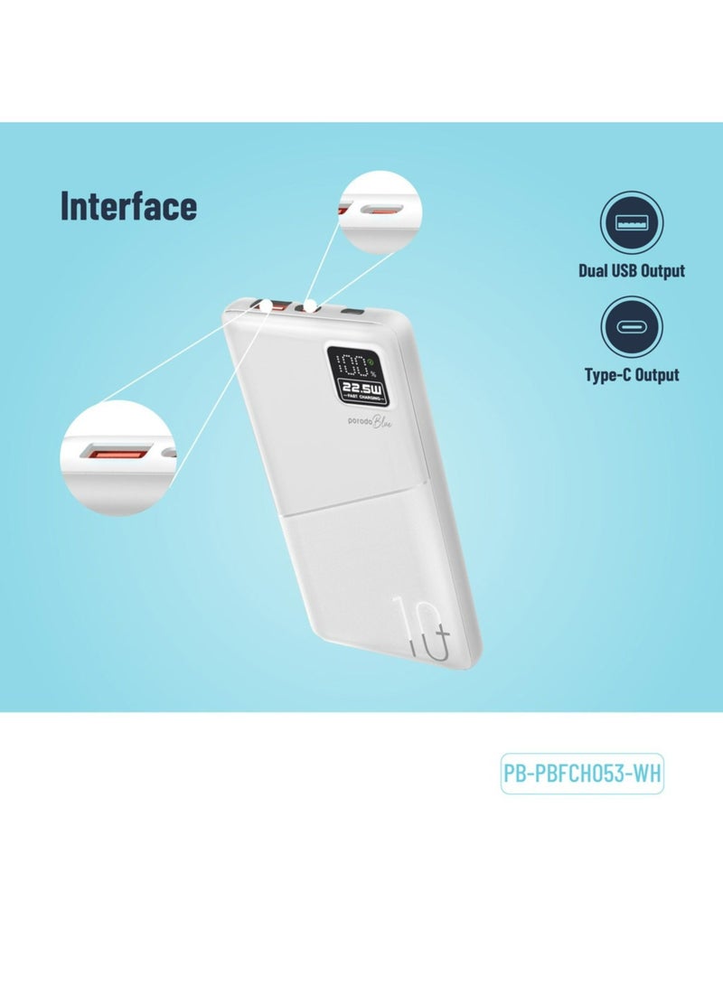porodo Blue Quick Charge Power Bank with USB-A & USB-C Outputs, 10000mAh Battery Capacity, Digital Display, 20W Power Delivery - White - Image 3