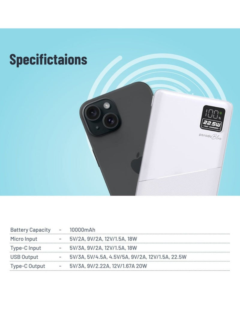 porodo Blue Quick Charge Power Bank with USB-A & USB-C Outputs, 10000mAh Battery Capacity, Digital Display, 20W Power Delivery - White - Image 4