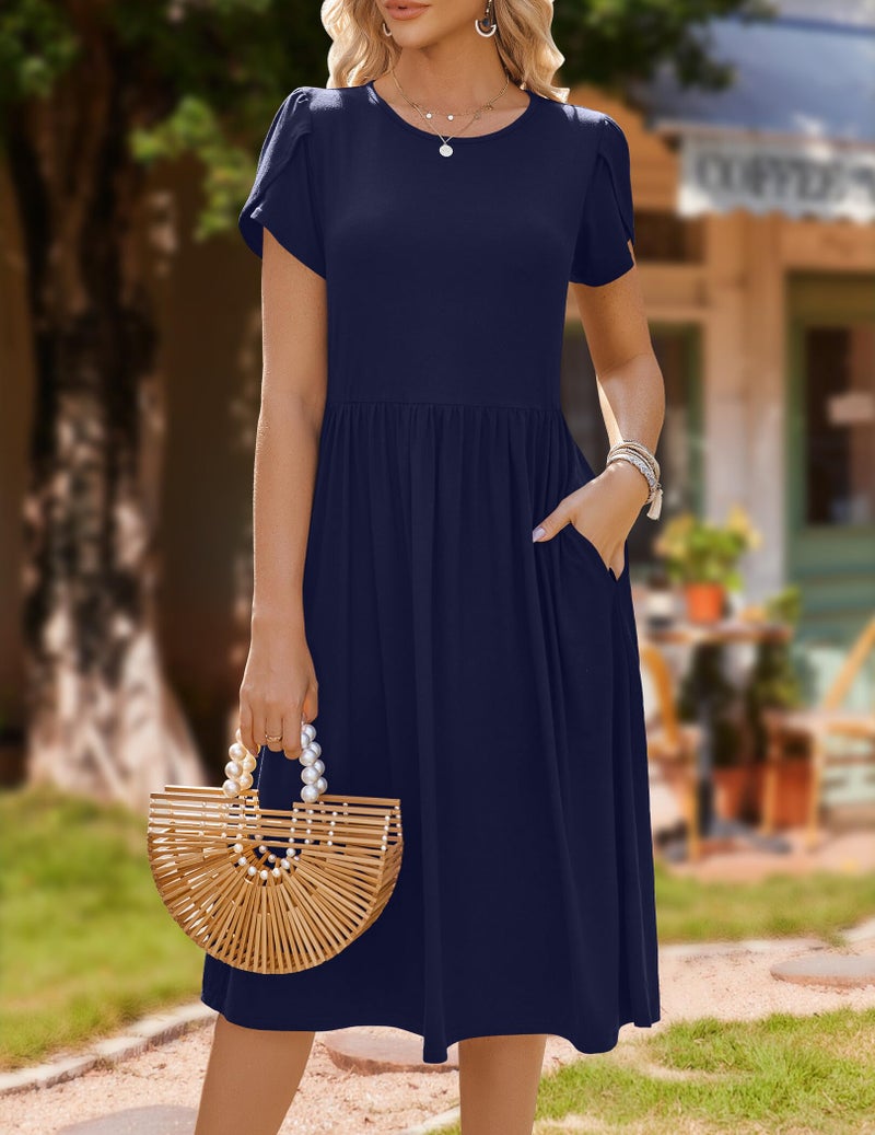 HOTOUCH Casual Summer Dress for Women 2024 High Waisted Short Petal Sleeve Tshirt Dress Elegant Swing A-Line Dress,Navy,Medium - Image 5