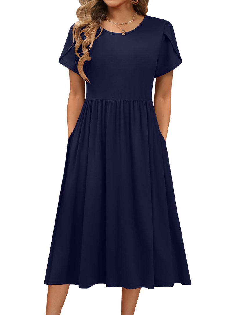 HOTOUCH Casual Summer Dress for Women 2024 High Waisted Short Petal Sleeve Tshirt Dress Elegant Swing A-Line Dress,Navy,Medium - Image 1