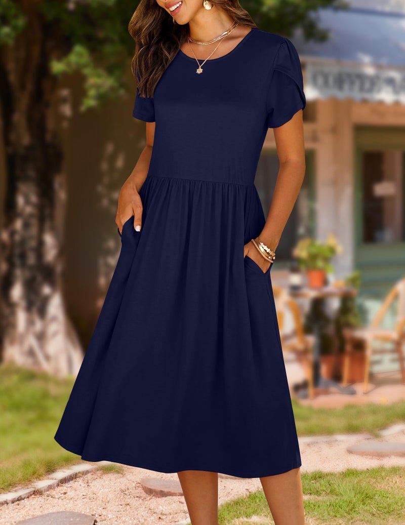 HOTOUCH Casual Summer Dress for Women 2024 High Waisted Short Petal Sleeve Tshirt Dress Elegant Swing A-Line Dress,Navy,Medium - Image 3