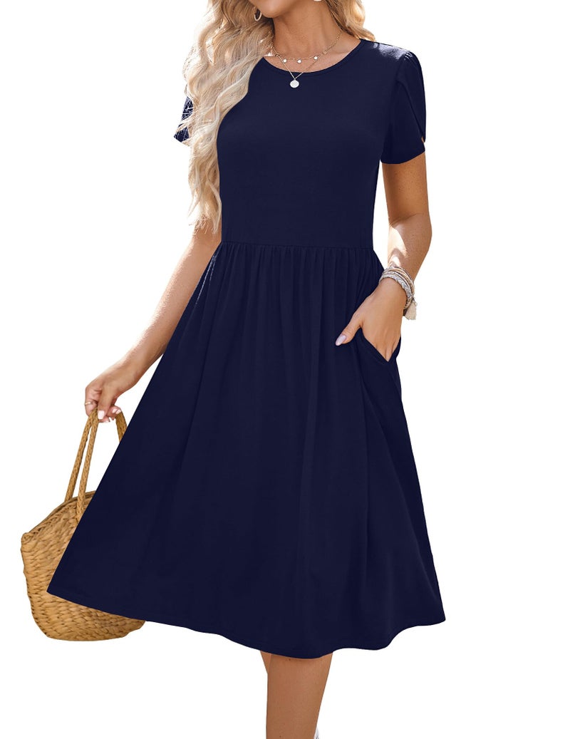 HOTOUCH Casual Summer Dress for Women 2024 High Waisted Short Petal Sleeve Tshirt Dress Elegant Swing A-Line Dress,Navy,Medium - Image 2