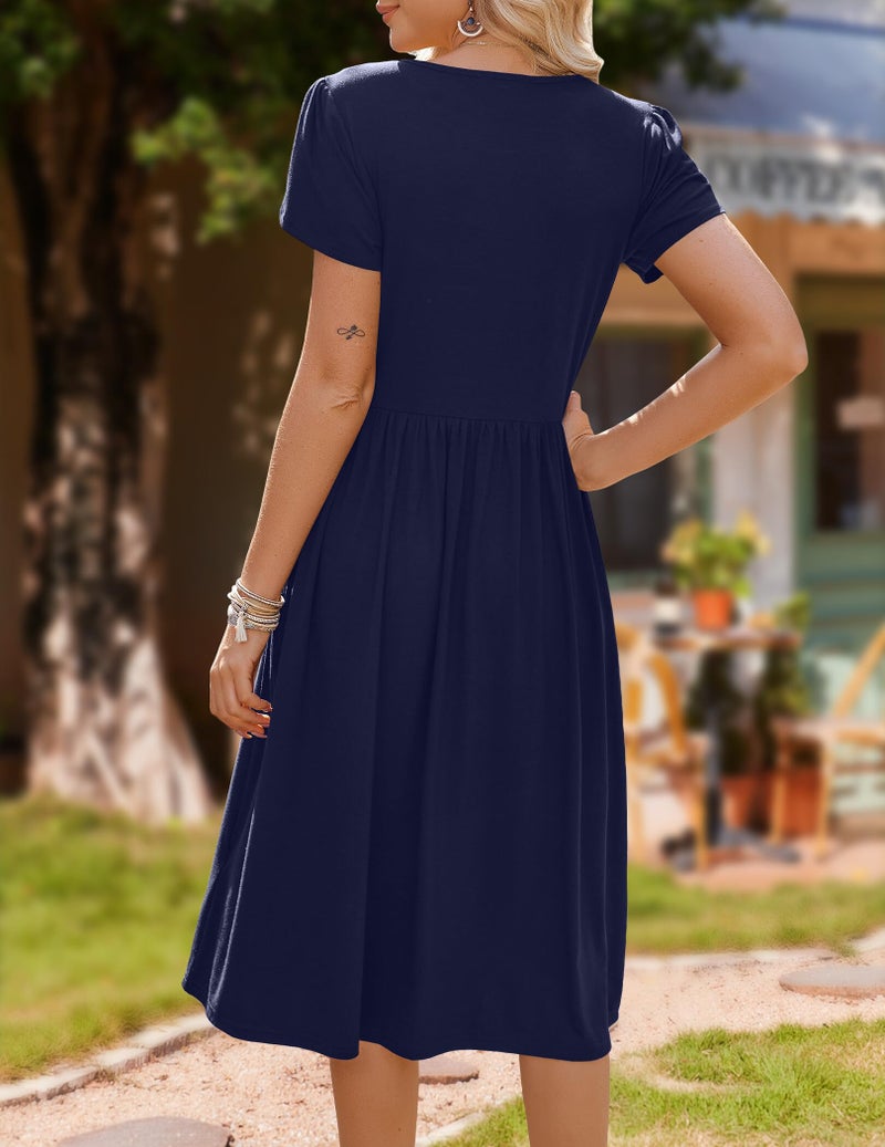 HOTOUCH Casual Summer Dress for Women 2024 High Waisted Short Petal Sleeve Tshirt Dress Elegant Swing A-Line Dress,Navy,Medium - Image 4