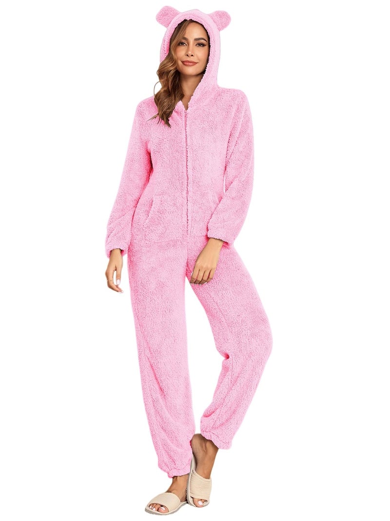 HOTIAN Fleece Onesie Pajamas for Women Fuzzy Sherpa Hooded Romper One Piece Winter Sleepwear Flannel Pajama Jumpsuit(LightPink-XL) - Image 1