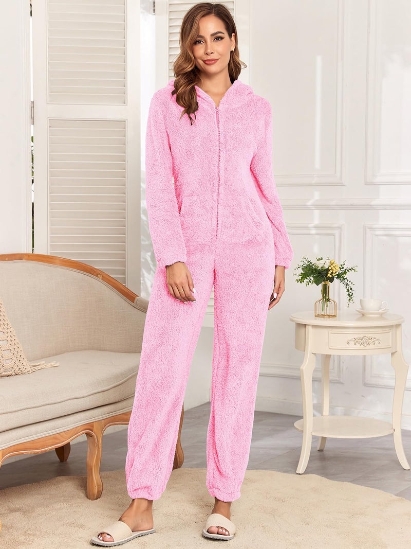 HOTIAN Fleece Onesie Pajamas for Women Fuzzy Sherpa Hooded Romper One Piece Winter Sleepwear Flannel Pajama Jumpsuit(LightPink-XL) - Image 3