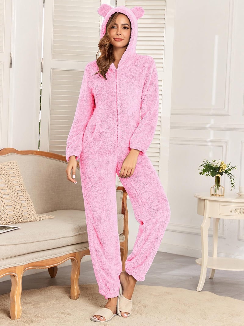 HOTIAN Fleece Onesie Pajamas for Women Fuzzy Sherpa Hooded Romper One Piece Winter Sleepwear Flannel Pajama Jumpsuit(LightPink-XL) - Image 4