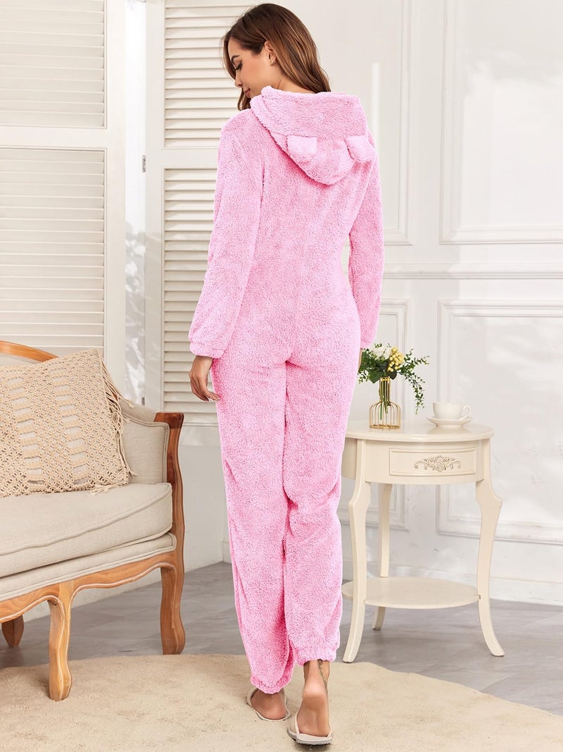 HOTIAN Fleece Onesie Pajamas for Women Fuzzy Sherpa Hooded Romper One Piece Winter Sleepwear Flannel Pajama Jumpsuit(LightPink-XL) - Image 5