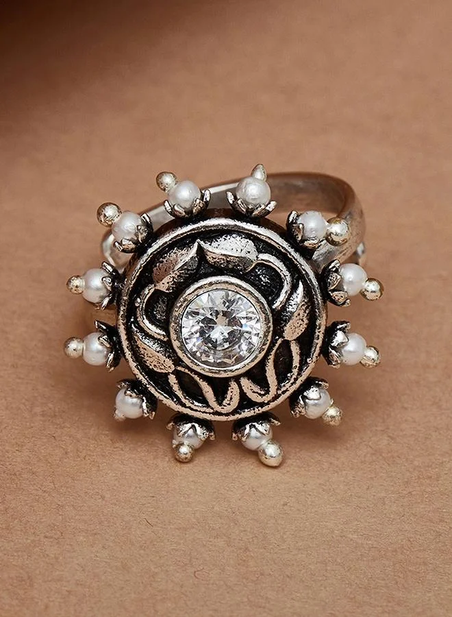 VOYLLA Apsara Oxidised Silver Plated Lightly Embellished Brass Cocktail Ring