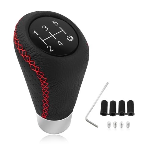 IHOTDER Car Gear Shift Knob with 4 Adaptive Parts,Leather 5 Speed Shift Knobs for Replacement Broken Shifter Knobs,Universal Non-Slip Manual Shift Knob Car Interior Accessories for Most Vehicles (Black/Red) - Image 1