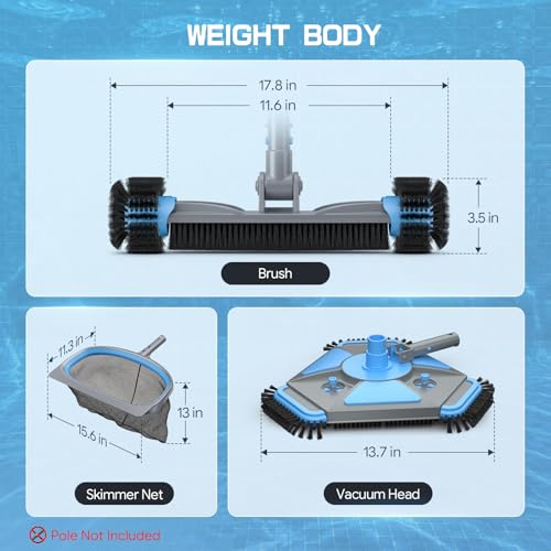 UIRWAY 3-in-1 Deluxe Swimming Pool Cleaning Kit - Includes Upgrade Heavy Duty Triangular Pool Vacuum Head, Detachable Brush, Deep Leaf Skimmer Net Inground & Above Ground Pools Cleaning(No Pole) - Image 2