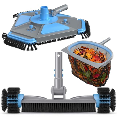 UIRWAY 3-in-1 Deluxe Swimming Pool Cleaning Kit - Includes Upgrade Heavy Duty Triangular Pool Vacuum Head, Detachable Brush, Deep Leaf Skimmer Net Inground & Above Ground Pools Cleaning(No Pole) - Image 1